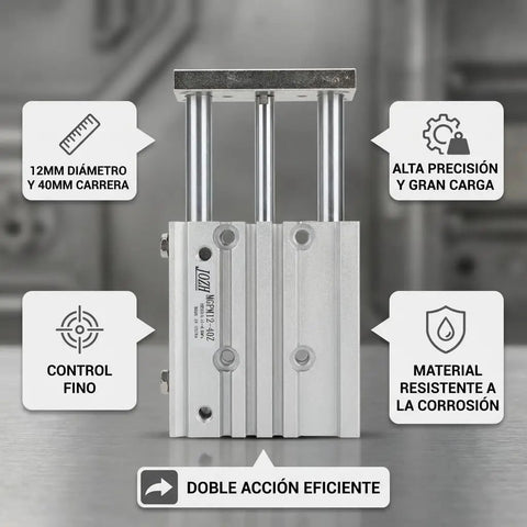 Double Acting Pneumatic Cylinder With Three Rods, 12mm Bore, 40mm Stroke, Aluminum Alloy Body, High Precision Piston Rod