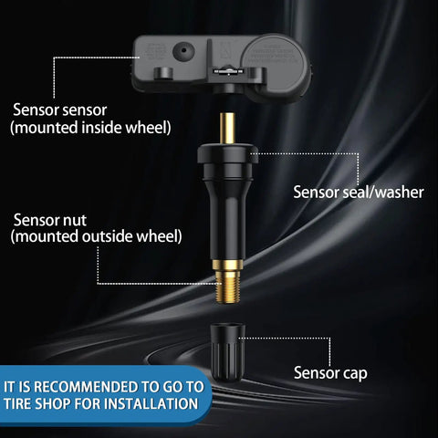 Ford TPMS Sensors 4 Pack Pre Programmed Tire Pressure Monitoring System For F150 F250 F350 F450 F550 Escape Fusion Lincoln MKX MKC 2009 2019 Plug And Play Ready To Install, shown with sensor parts