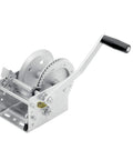 Two Speed Trailer Winch With Center Mount Holes And 2600 Lbs Capacity, Fast High Gear, Steel Construction, Side Angle View