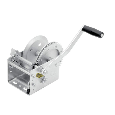Two Speed Trailer Winch With Center Mount Holes And 2600 Lbs Capacity, Fast High Gear, Steel Construction, Side Angle View