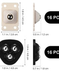 Close-up of beige and black self-adhesive mini caster wheels, with 360-degree swivel, ABS and stainless steel, in two styles.