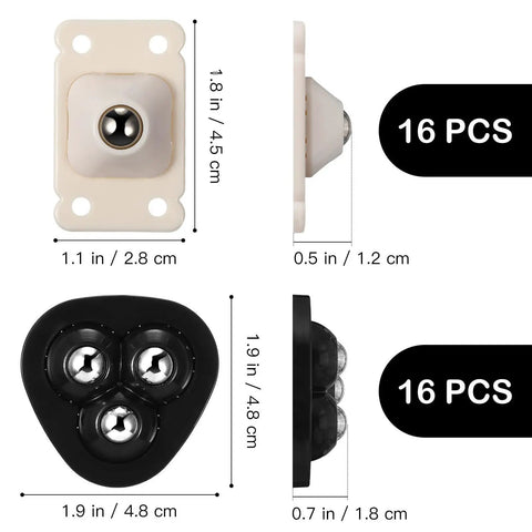 Close-up of beige and black self-adhesive mini caster wheels, with 360-degree swivel, ABS and stainless steel, in two styles.