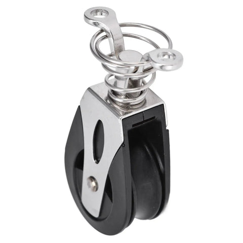 Rugged Nylon Sheave Block Head for Sailboats and Fitness Gear, 316 stainless marine grade, side view with spring detail
