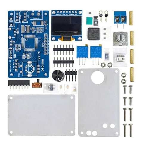 DIY Mini Digital Oscilloscope Kit With STC8K8A Microcontroller components, including blue PCB, OLED display, and accessories for assembly.