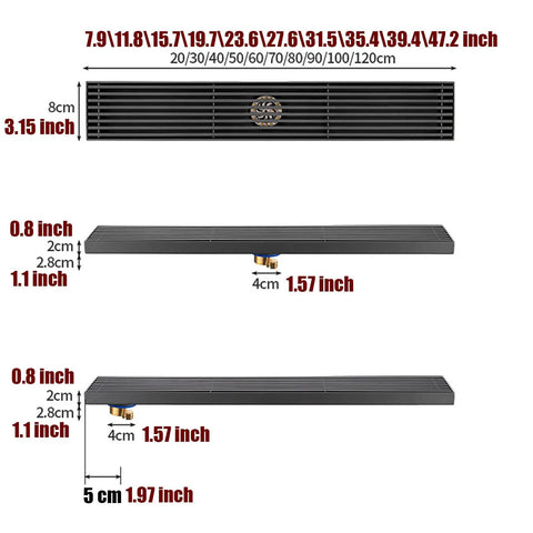 Sleek Linear Shower Drain With Locking Grate Cover For No Sweat Bathroom Floor Drainage And Anti Clog Hair Strainer Mesh Filter Effortless Cleanup Setup, dimensions shown.
