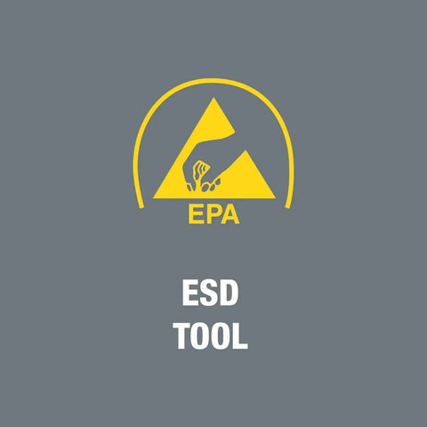 ESD Safe Adjustable Torque Screwdriver With Rapidaptor Quick Release Chuck logo, EPA and ESD tool text on gray background