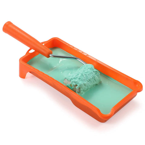2 Inch Small Fine Finish Paint Roller Kit with Tray and green paint, showcasing mini roller frame for tight corners and trim.