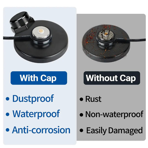 Comparison of NMO Antenna Mount Magnetic Base 90mm With PL259 Connector showing with cap and without cap conditions