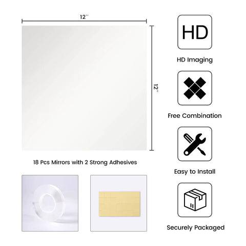 18 Piece 12x12 Inch Mirror Tiles For Wall Or Door Easy DIY Full Length Body Mirror Kit Real Glass HD Clarity With Round Edge Design