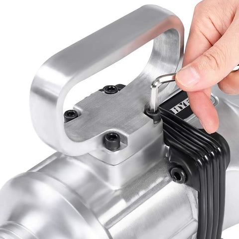 Close-up of Heavy Duty One Inch Pneumatic Air Impact Wrench packing with silver handle and tool adjusting key.