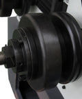Close-up of the roller mechanism on the Tough Three Roll Hydraulic Metal Bender that knocks out flat stock and square tubes.