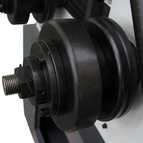 Close-up of the roller mechanism on the Tough Three Roll Hydraulic Metal Bender that knocks out flat stock and square tubes.