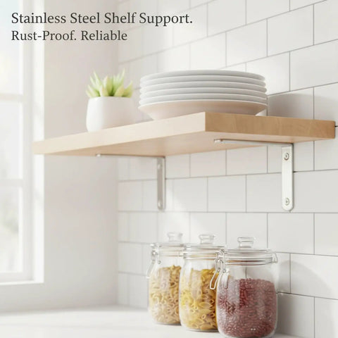 Rugged Stainless Steel L Shaped Shelf Bracket 4.5 x 2.5 Inch Wall Mount for Kitchen shelves with black finish supporting wood shelf
