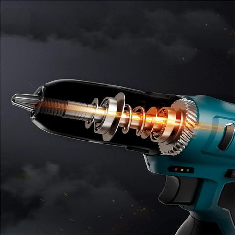 Close-up of Total Ripper Cordless Drill 168 Volt Rechargeable Power Tool, showcasing internal mechanics and energy flow.