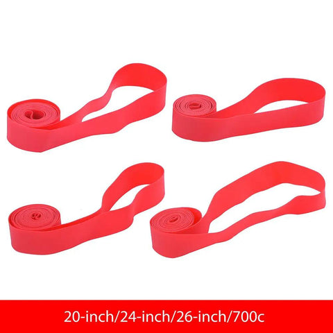 Two Piece Puncture Proof Bike Tire Liner Kit For Road And Mountain Tires displayed in four red strips, fits 20/24/26/700C
