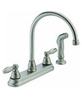 Claymore Two Handle Kitchen Sink Faucet With Side Sprayer In Stainless Steel 360 Degree Swivel Easy Install For 4 Hole 8 Inch Mount