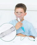 Oxygen tubing swivel connector (white) with 360° rotation; child using oxygen mask, inset shows close-up of connector