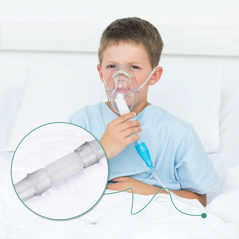Oxygen tubing swivel connector (white) with 360° rotation; child using oxygen mask, inset shows close-up of connector