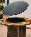 Heavy Duty Tempered Glass Lazy Susan Turntable For Kitchen Tables, 360 Smooth Operator Rotating Serving Plate on rustic wooden table.