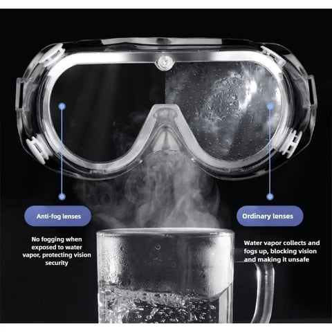 OTG Safety Goggles With Anti Fog, Scratch Resistant Wide View Lens, demonstrated over steaming hot cup to show anti-fog feature
