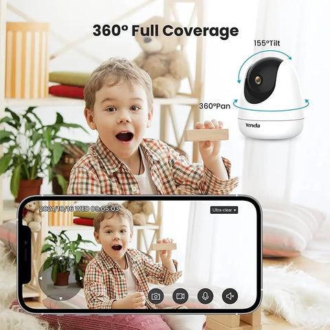 2K Indoor Wireless Pan Tilt Camera For Home Security And Baby Monitor And Pet Camera With Phone App Access shown with child