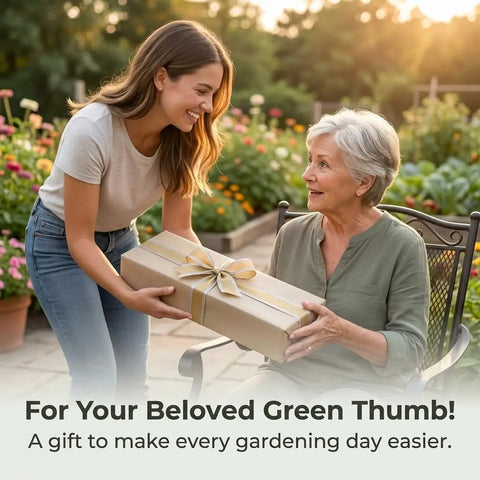 Woman handing gift box to seated elderly woman in garden setting with vibrant flowers, sunny background.
