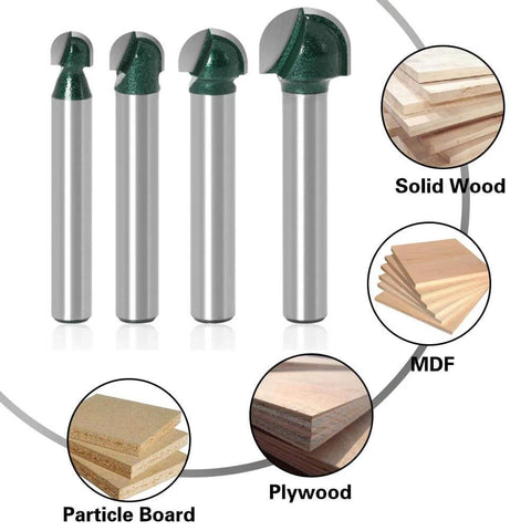 Four Piece 1/4 Inch Shank Round Nose Core Box Router Bits Set For CNC Sign Making And Woodworking, includes four round groove bits