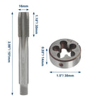 M16 1.5 Metric Tap And Die Set For Precision Threading Workhorse Pro Grade Machine Tap Die Kit size dimensions displayed