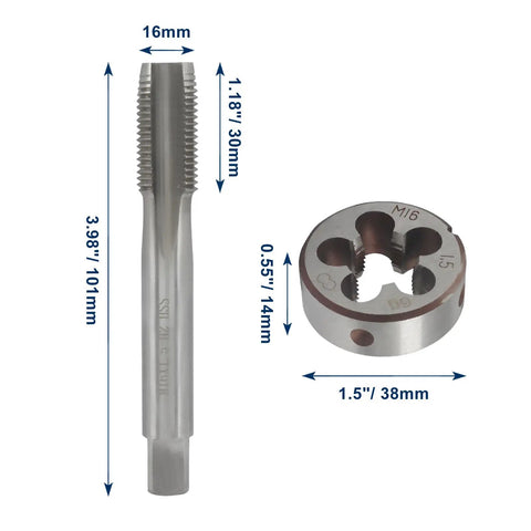 M16 1.5 Metric Tap And Die Set For Precision Threading Workhorse Pro Grade Machine Tap Die Kit size dimensions displayed
