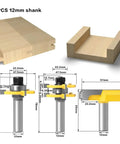 Image of Must Have 3PC Tongue Groove Router Bit Set With Dual Shank Options for woodworking, showcasing sizes and shapes of bits.