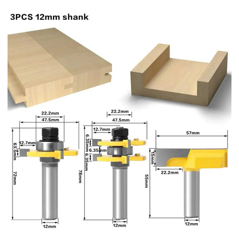 Image of Must Have 3PC Tongue Groove Router Bit Set With Dual Shank Options for woodworking, showcasing sizes and shapes of bits.