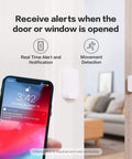 Zigbee Door And Window Sensor 3 Pack installed, showing alert on smartphone screen, ideal for smart home automation and security