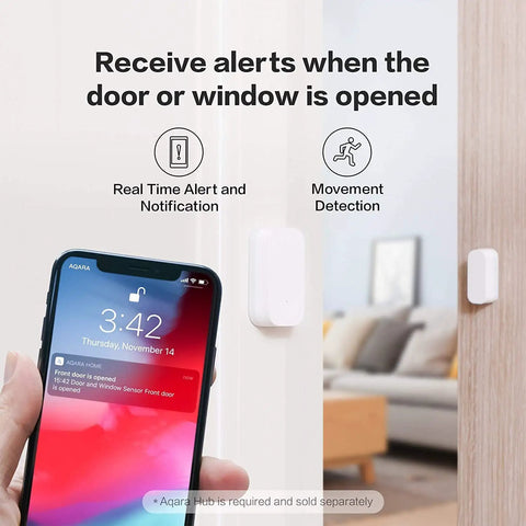 Zigbee Door And Window Sensor 3 Pack installed, showing alert on smartphone screen, ideal for smart home automation and security