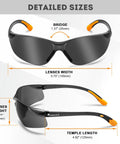 12 Pack Safety Glasses For Men And Women With Anti Fog Scratch Resistant Wrap Around Tinted Smoke Lenses And Non Slip Orange Rubber Grips For A Secure Fit, All Day Comfort, ANSI Z87.1 Rated For Work, DIY, And Outdoor Use. Displaying lens dimensions and measurements with orange grips.