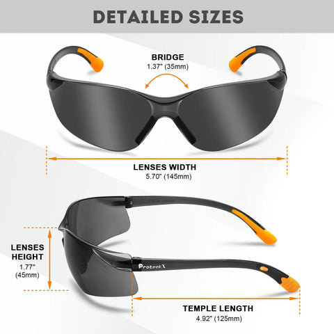 12 Pack Safety Glasses For Men And Women With Anti Fog Scratch Resistant Wrap Around Tinted Smoke Lenses And Non Slip Orange Rubber Grips For A Secure Fit, All Day Comfort, ANSI Z87.1 Rated For Work, DIY, And Outdoor Use. Displaying lens dimensions and measurements with orange grips.