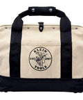 Front view of Canvas Tool Bag With Leather Bottom And Wide Opening For Easy Access, 18 Inch, 11 Pockets, No 8 Natural Canvas.