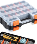 Grab And Go 34 Compartment Double Sided Tool Organizer Case With Removable Dividers For Screws Nuts Bolts Nails And Small Parts Orange Plastic Storage Box For Garage Or Workshop Portable Durable And Easy To Customize