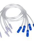 Five-piece urinary drainage bag extension tubing set; 36-inch clear flexible tubes with blue and lavender connectors.