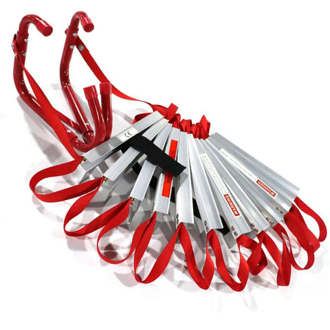 Emergency Fire Escape Ladder 50 Foot Portable Safety Ladder unfolding with anti-slip rungs and wide steps, foldable design
