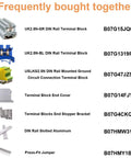 Frequently bought together products including terminal blocks, end covers, slotted DIN rail, and press-fit jumper with item codes.