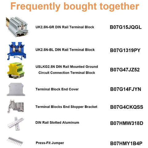 Frequently bought together products including terminal blocks, end covers, slotted DIN rail, and press-fit jumper with item codes.