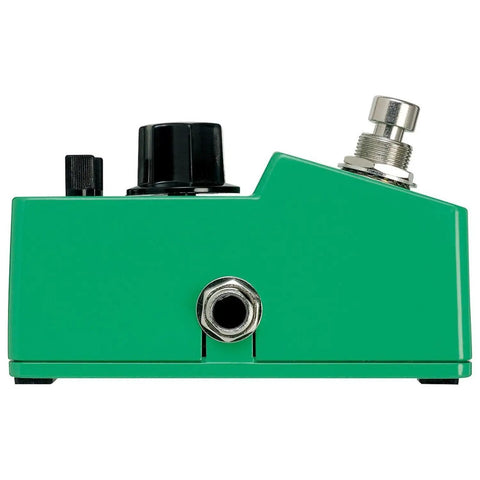 Side view of Tube Screamer Mini Overdrive Pedal for Guitars, Ultra Compact 1.375 Inch Wide, showcasing control knobs.