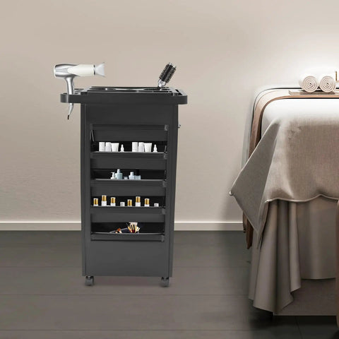 Professional 5 Tray Salon Rolling Cart With Smooth Gliding Wheels And Heaps Of Storage Space For Hair Stylists Seeking A No Fuss Setup And Reliable Organization Built To Rock Every Day with hairdryer on top.