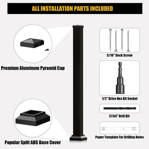 Heavy Duty Three By Three Inch Aluminum Railing Post Built For Porches And Decks Holds Up To 800 Lbs Textured Black Powder Coat AAMA2604 IBC Compliant 39 Inch Height with installation parts