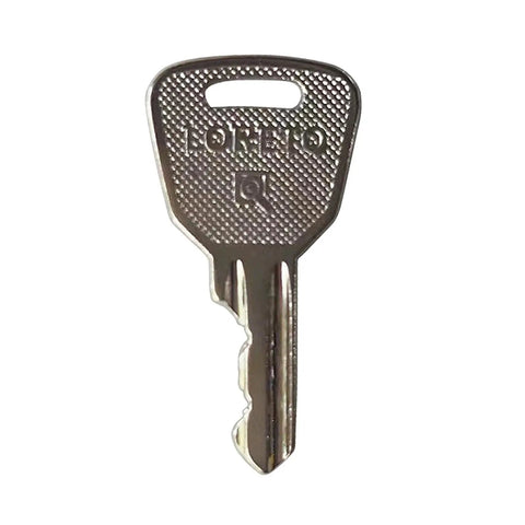 Six 4241A Ignition Keys With Loreto Logo In Silver Metal Replacement Key Set For Lifts And Elevating Platforms, Durable Cross-Hatch Head Keys, 6 Pack Included. single silver metal key with Loreto logo and cross-hatch head