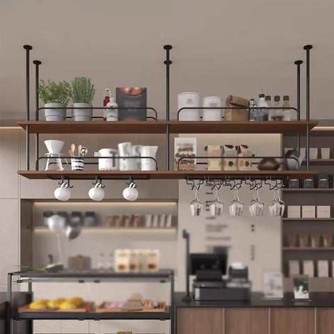 Industrial Dope Two Tier Ceiling Mount Wine Rack With Glass Holders For Home Bar Or Restaurant, Iron And Wood