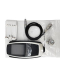 Heavy Duty Portable Vibration Analyzer Meter With Sick Precision And Kickass Build Quality For Measuring Acceleration Velocity Displacement On Industrial Machinery on a white background with accessories.