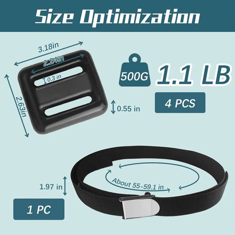 4 Pcs 1.1 Lb Scuba Weight Belt With Metal Block Buckle Coated Dive Weights Nylon Belt dimensions and weight shown