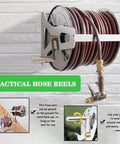 Heavy Duty Stainless Steel Hose Reel Cart With Wall Mount And Forty Meter Irrigation Pipe Built Tough For Backyard Tasks wall-mounted design with gray hose and adjustable spray nozzle.