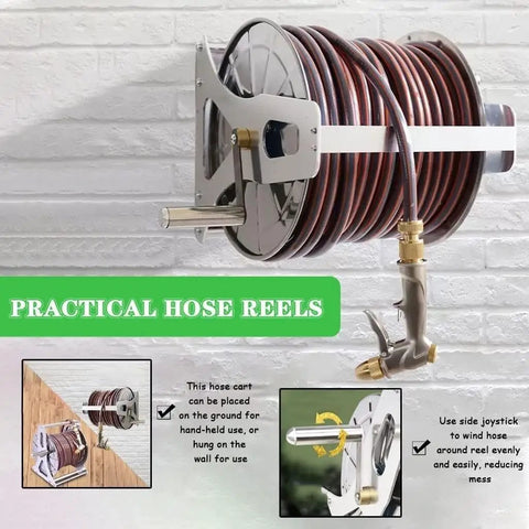 Heavy Duty Stainless Steel Hose Reel Cart With Wall Mount And Forty Meter Irrigation Pipe Built Tough For Backyard Tasks wall-mounted design with gray hose and adjustable spray nozzle.
